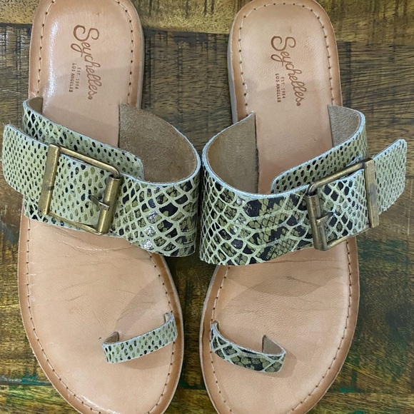 Seychelles Shoes - Seychelles, Size 8 1/2, Olive and Dark green/black, bronze gold buckle